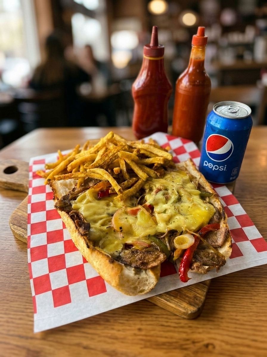 Philly Steak con papas y refresco en Titbit